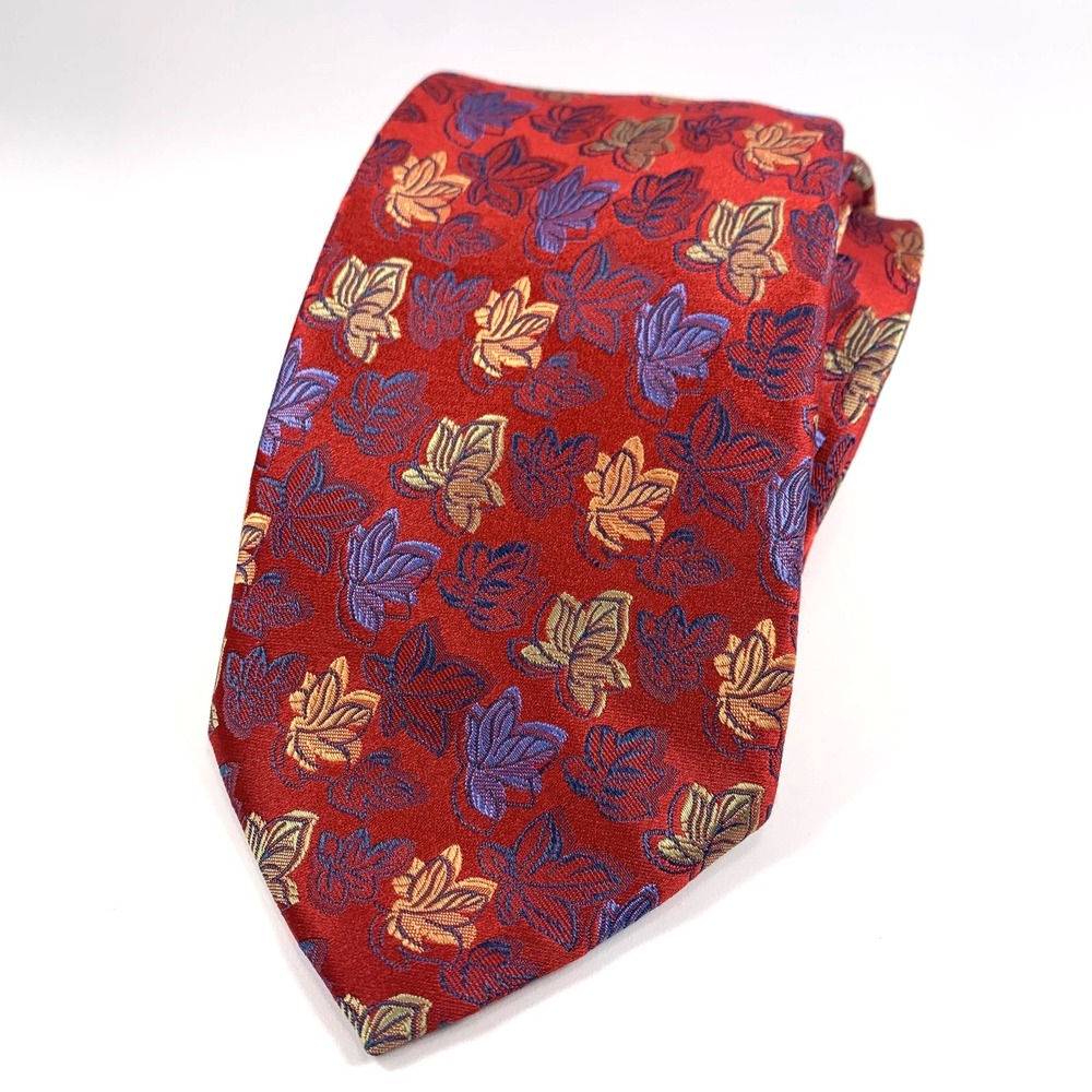 Paul Fredrick Mens Tie Red with Multicolor Leaf Design 100% Silk Long 62"x3.5"